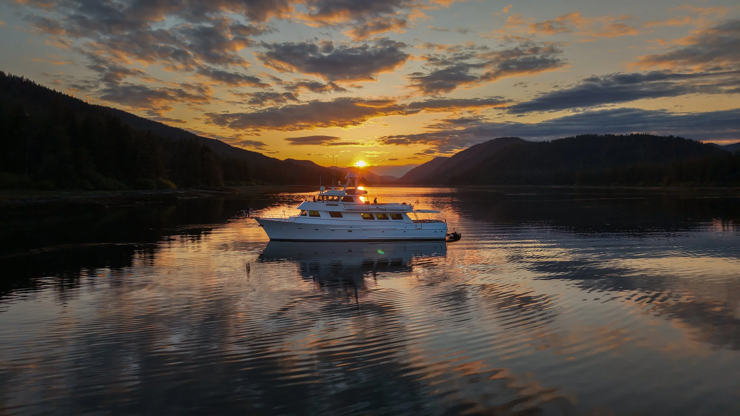 Motor Yacht Oceana at sunset in the Inside Passage