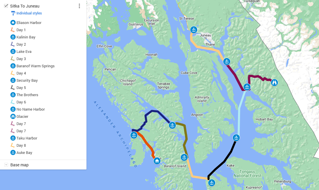 Motor Yacht Oceana expedition route map, Southeast Alaska Inside Passage