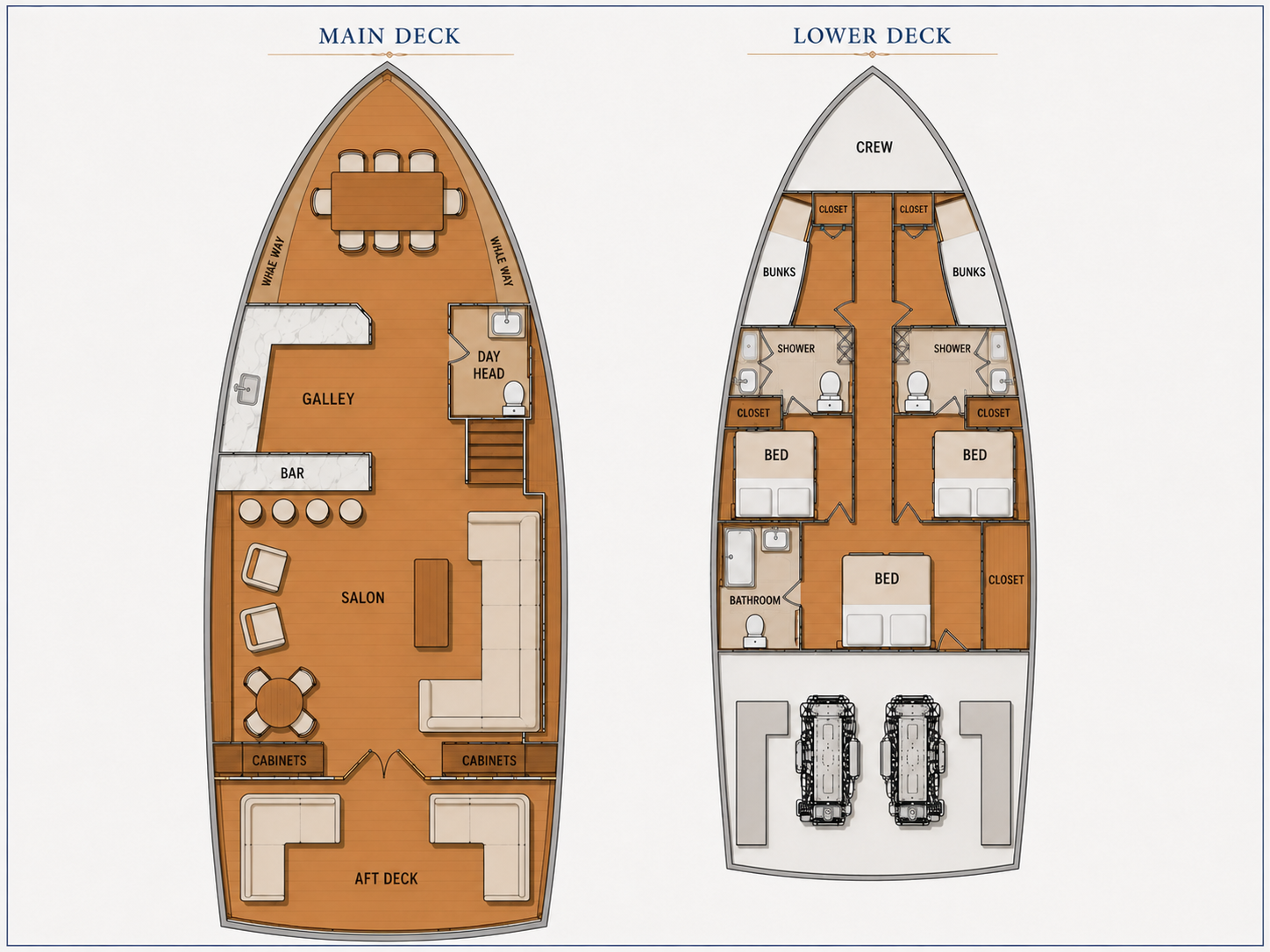 General arrangement showing main deck and lower deck layout of M/Y Oceana